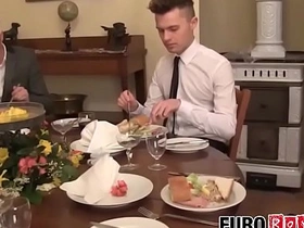 Twink waiter sucks and rides dick after the dinner service