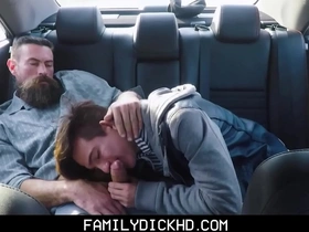 Twink step son and his step dad fuck in the back seat of their car during driving practice